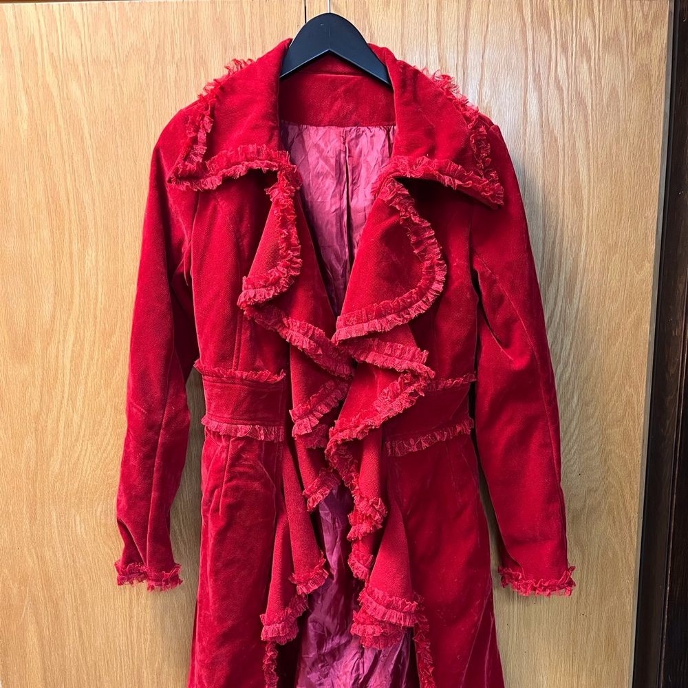 Unique Indie Designer +7C Rockstar Chic Red Rain Style Lace Ruffled Coat S